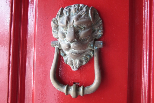 Detail of Lions head door knocker. Photograph taken for Declaration 57 Report, Dublin, 2019